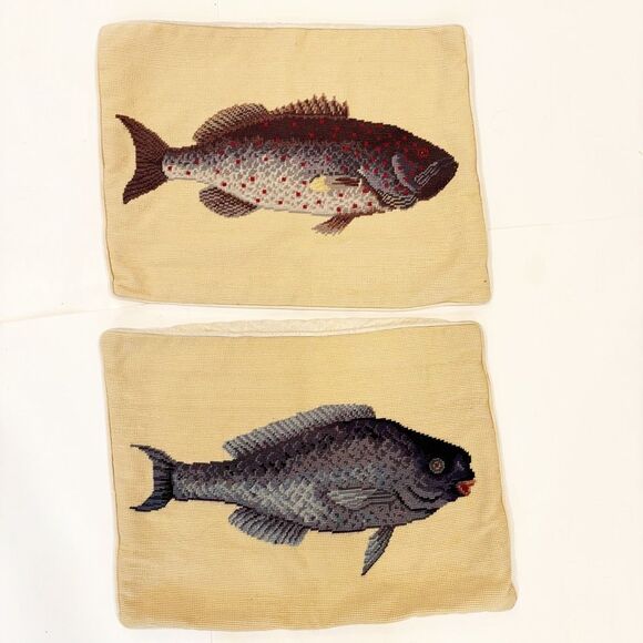 VTG Needlepoint Pillows FISH set of two Handmade - Picture 2 of 8